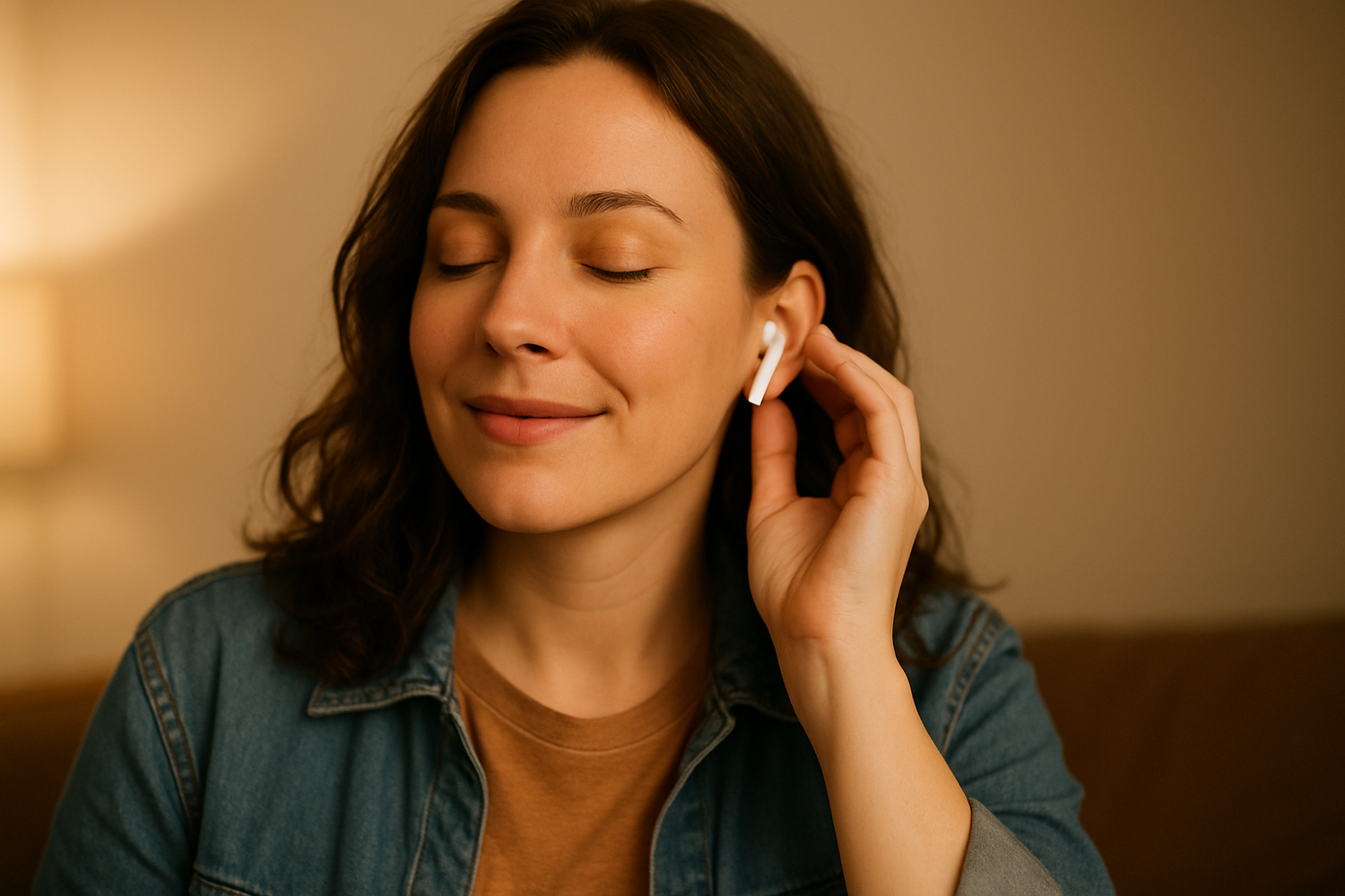 une fille adulte entrain d'écouter de la musique avec des écouteurs sans fils 